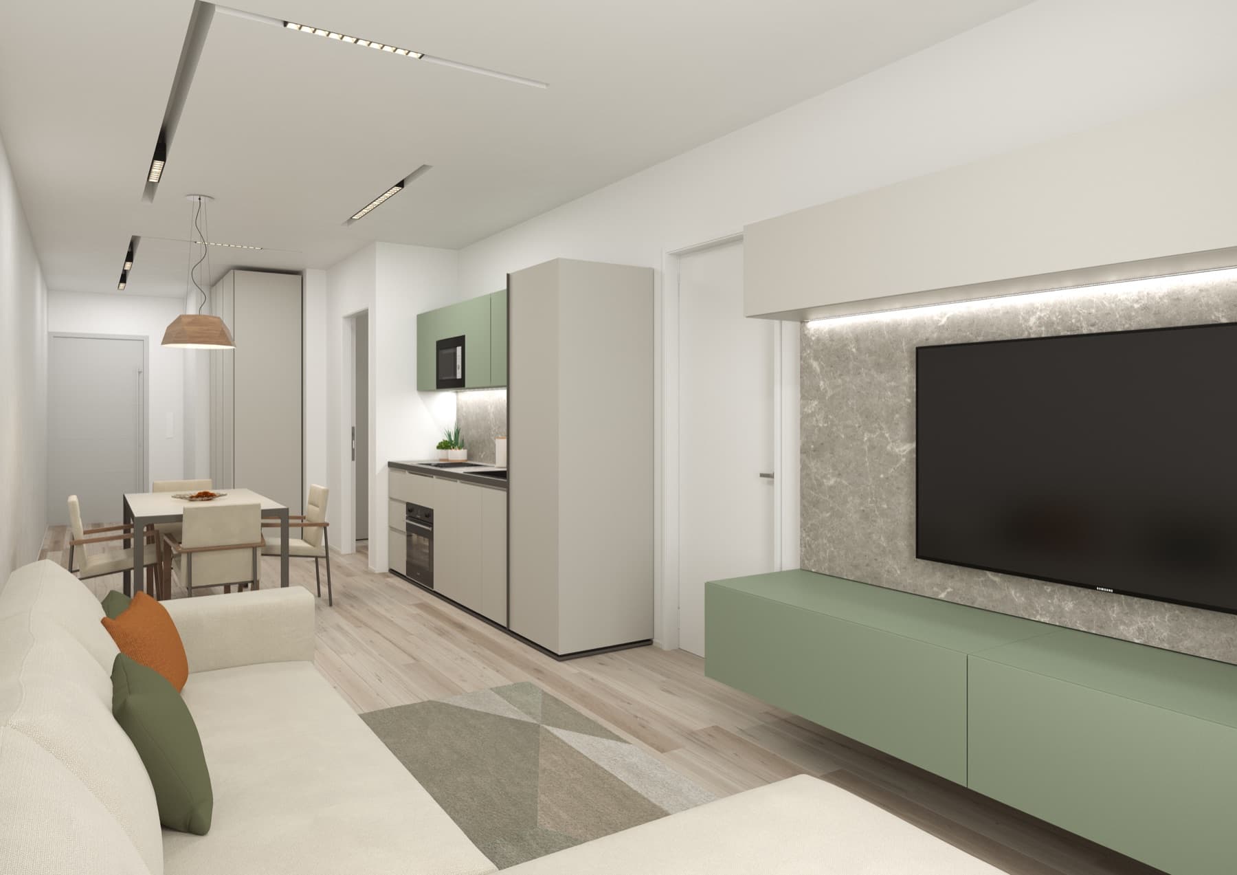 Rendering of a Thames Plaza living area with media wall