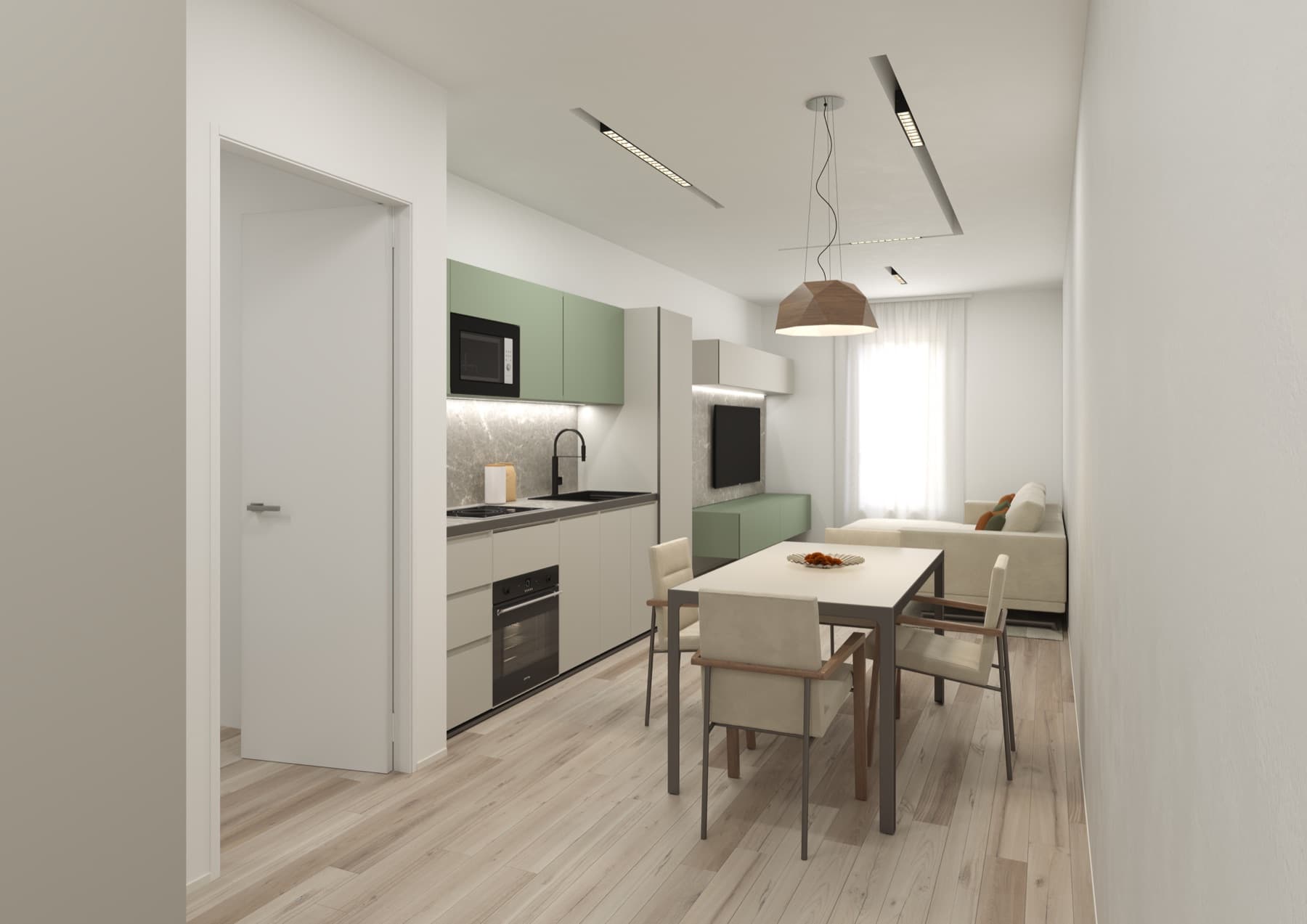 Rendering of a Thames Plaza open kitchen, dining, and living area